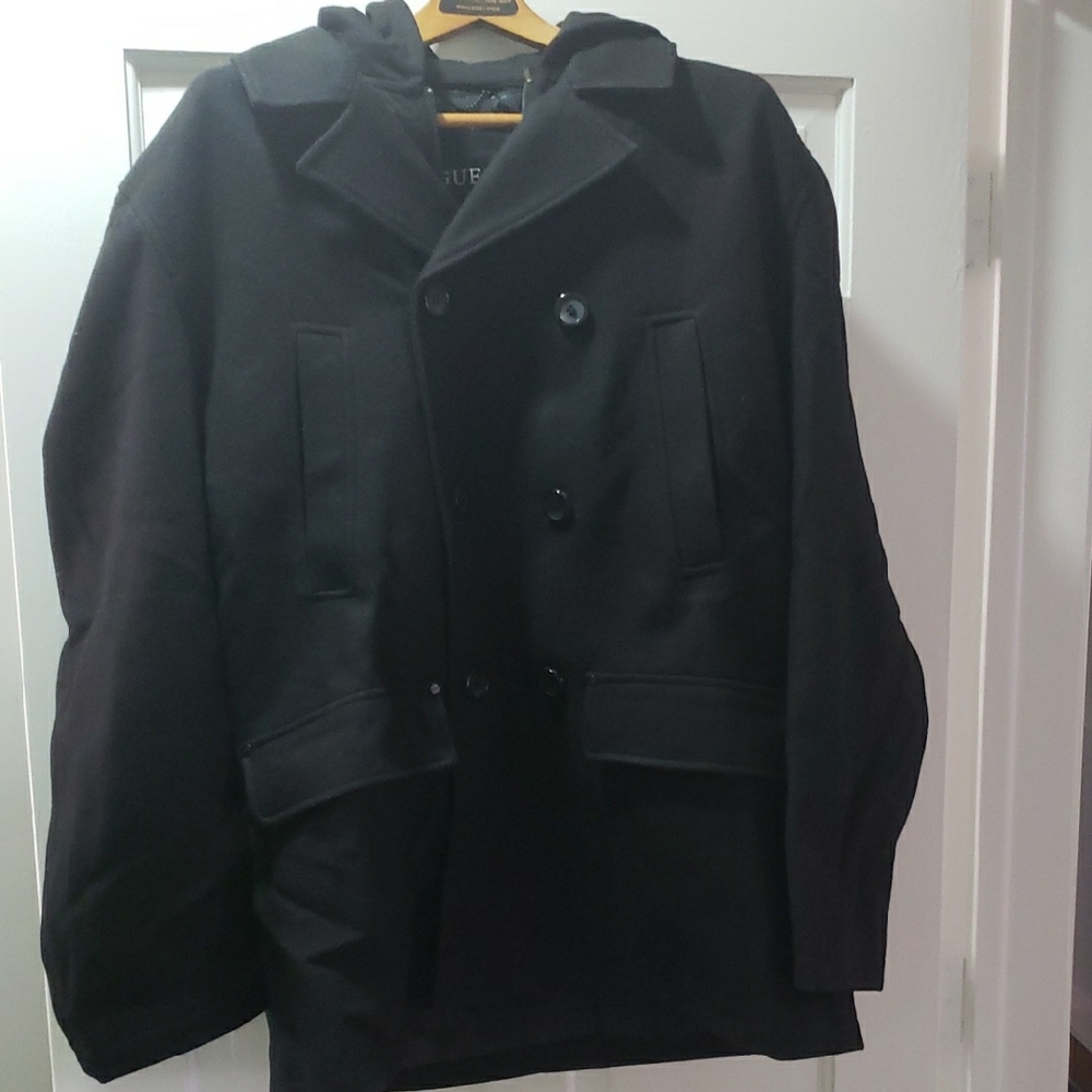 Guess Men's Double-Breasted Black Peacoat